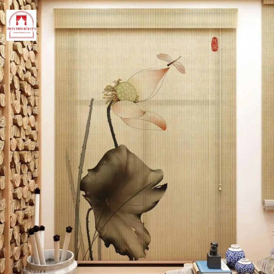 Rèm tăm trúc phòng thờ in tranh nghệ thuật